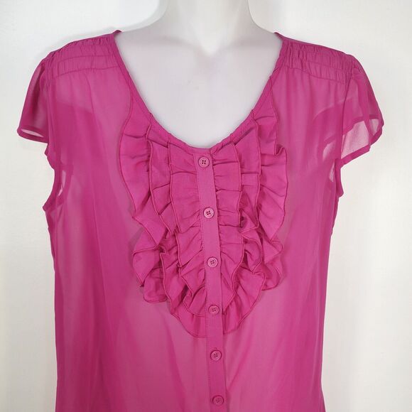 Worthington Women Top Blouse Medium Sheer Button Up Short Cap Sleeve Pink Ruffle - Picture 3 of 9